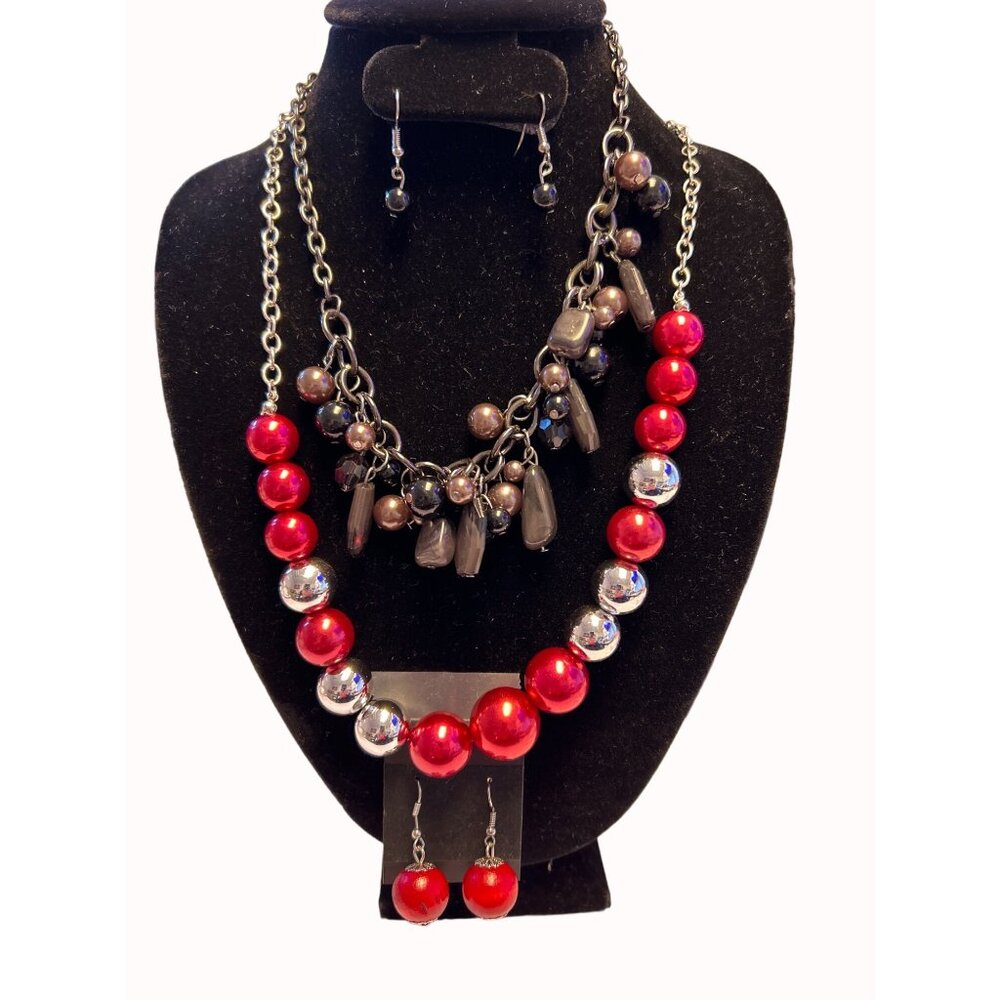 Paparazzi black Necklace w/matching Earrings &  Red &  Silver Necklace w Red ear